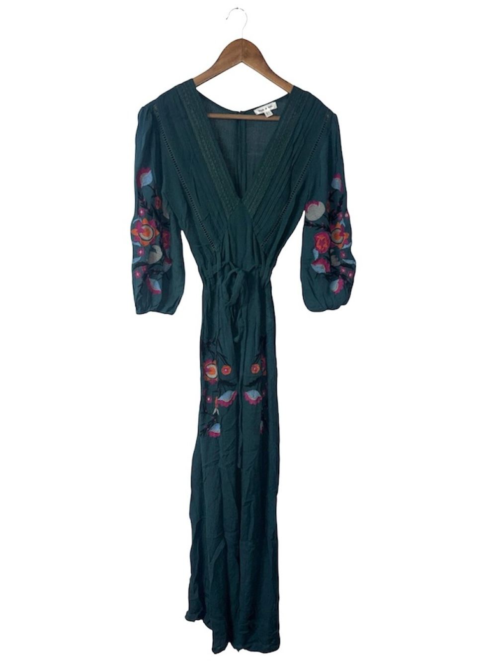 Frock & Frill Dark Green Gauzy Embroidery Jumpsuit Long Sleeve Lace Wide Leg 2